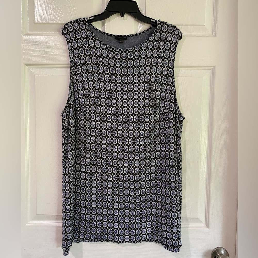 J Jill Wearever Black Geo Sleeveless Round Neck Rayon Knit Pullover Tunic Top XL